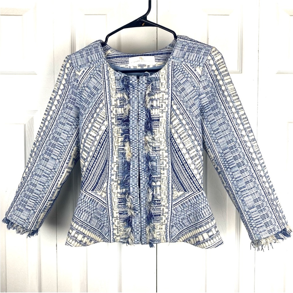 Amanda Uprichard Tweed Peplum Jacket / Blazer Aztec Design with Fringe, Revolve